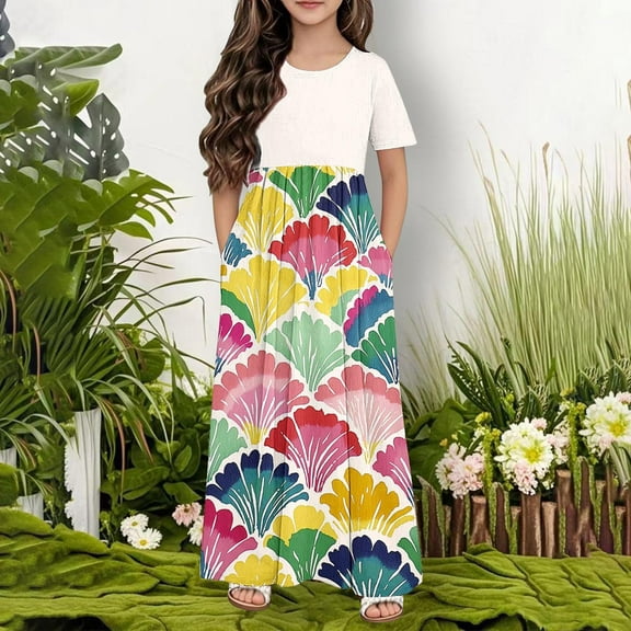 Riecok Tween Girls Floral Print Short Sleeve Long Casual Summer Dress with Pockets White 13 Years