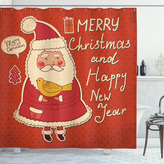 Ambesonne Christmas Shower Curtain, Santa and Yellow Bird, 69"Wx70"L, Ivory Orange