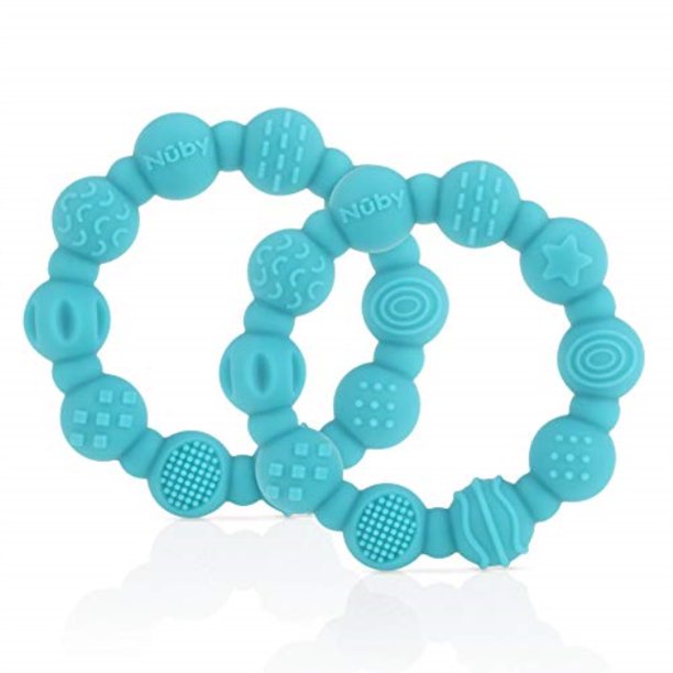 nuby silicone teether ring, 2 pack, 3m+, colors may vary, multi