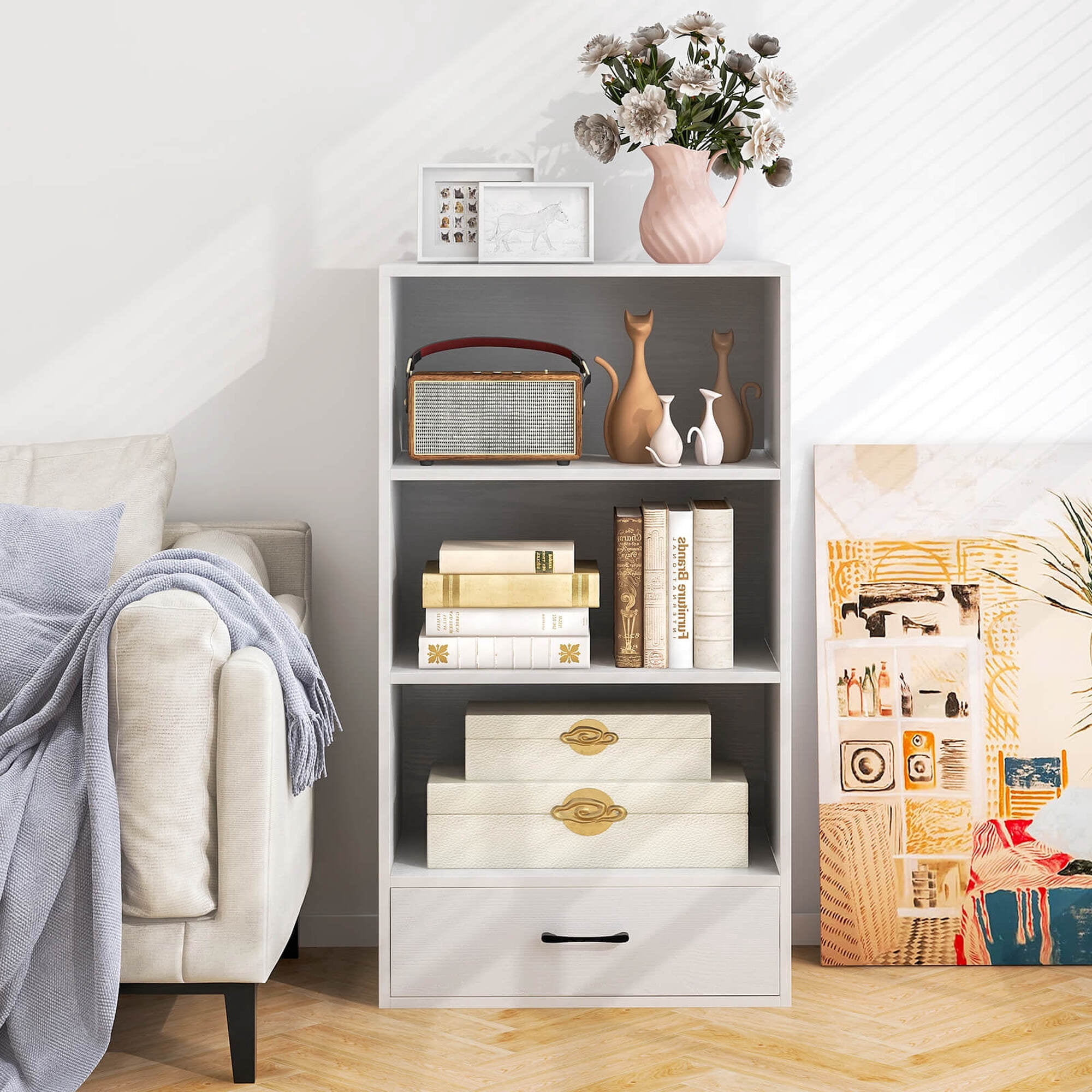 Costway 42'' Tall 4-tier Storage Shelf Wood Bookcase with Drawer Home Organizer Display Rack White
