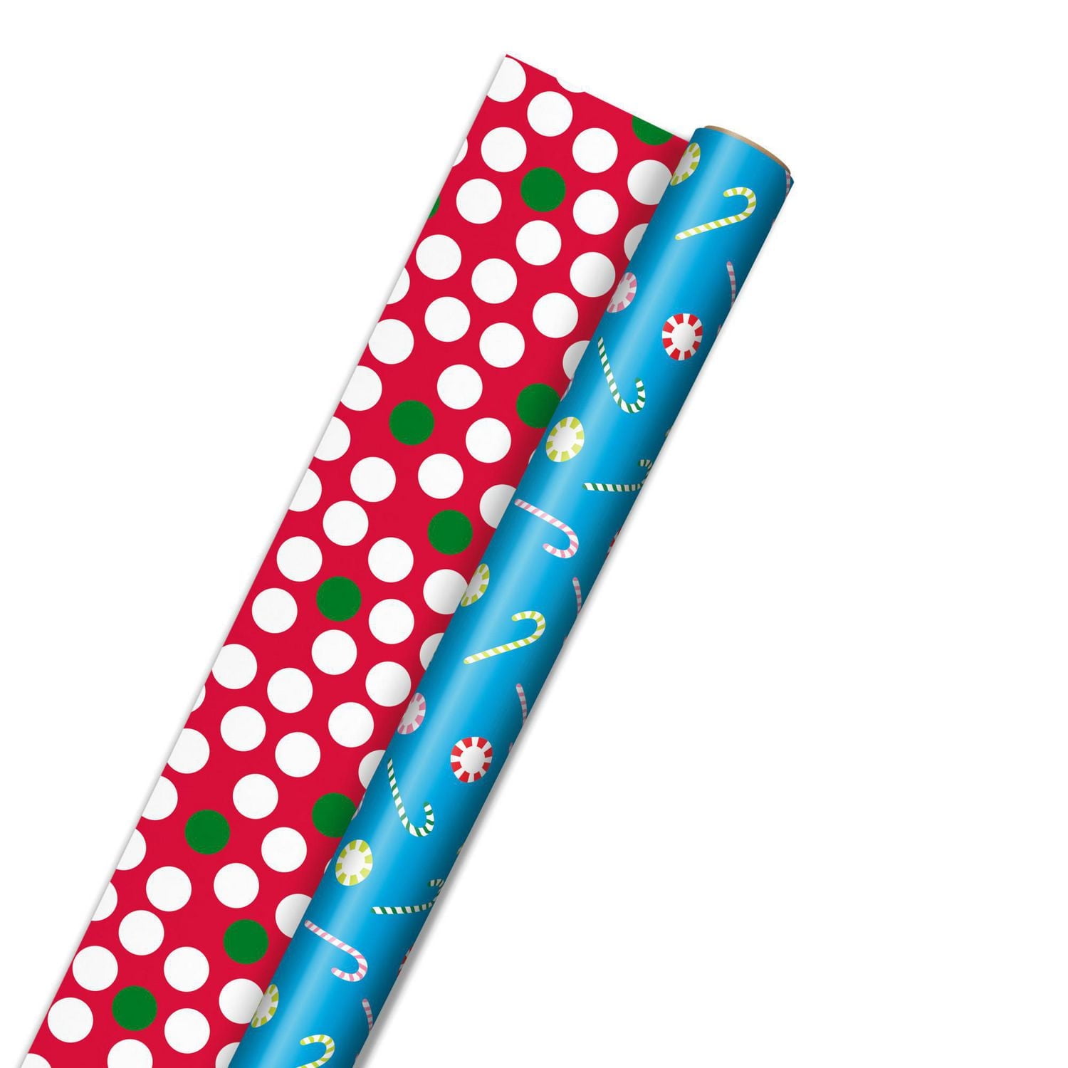 Hallmark 30" Candy Canes on Blue/Dots on Red Reversible Christmas Wrapping Paper Roll, 269 sq. ft.