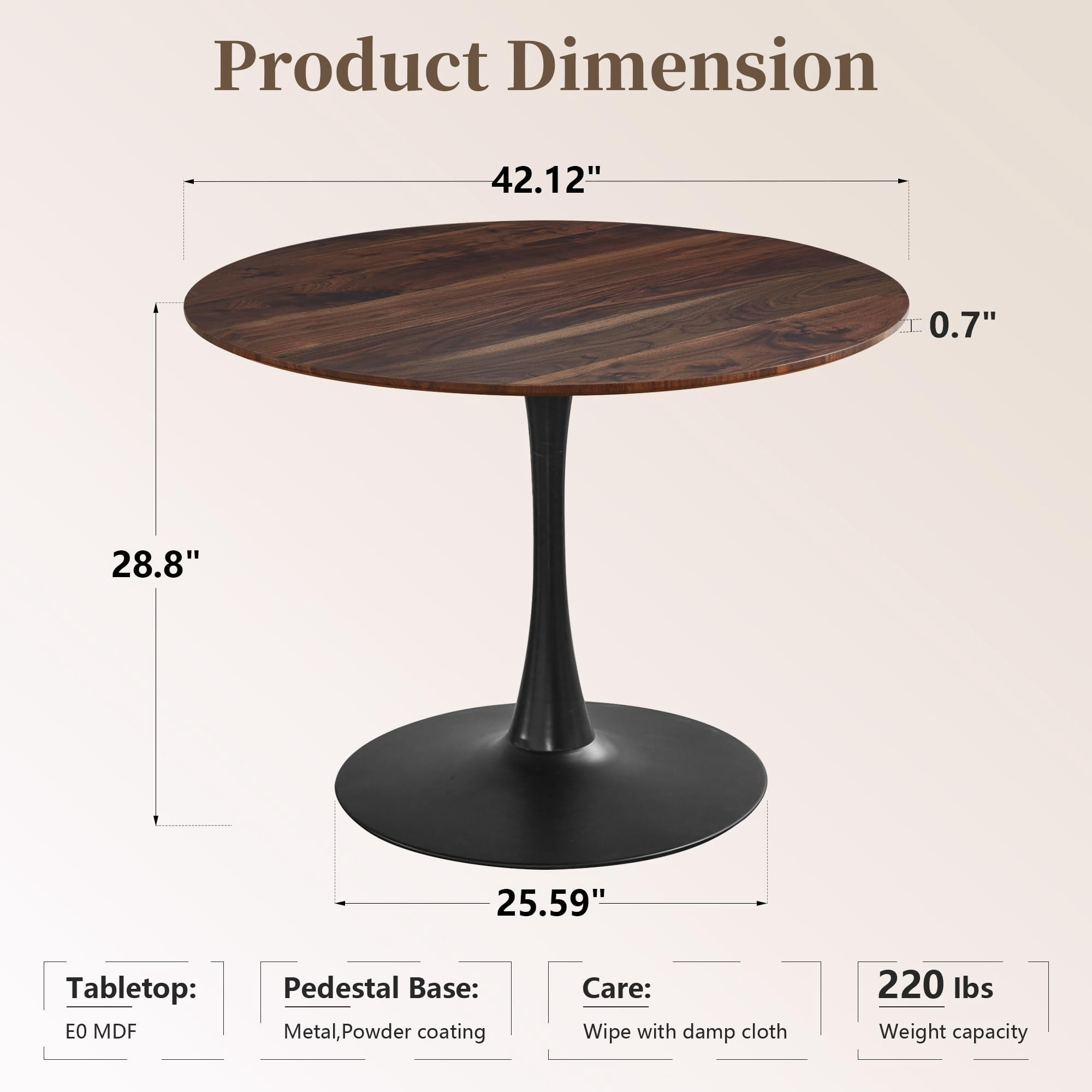 Miniyam 42" Round Pedestal Dining Table for 4-6, Small Kitchen Table with Wood Top, Walnut
