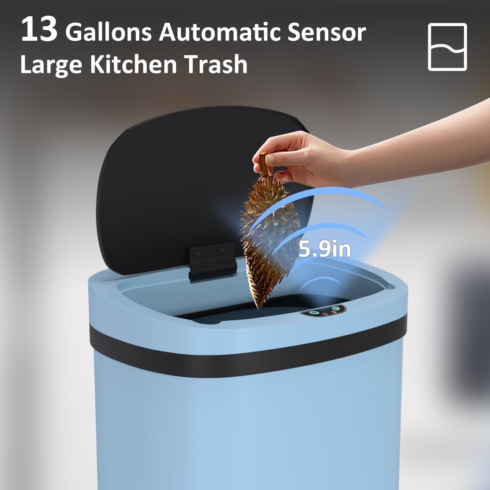 YRLLENSDAN 13 Gallon Touchless Stainless Steel Trash Can, Automatic Garbage Cans with Lid, Motion Sensor Wateproof Trash Bin for Kitchen Bedroom Bathroom Office, Blue