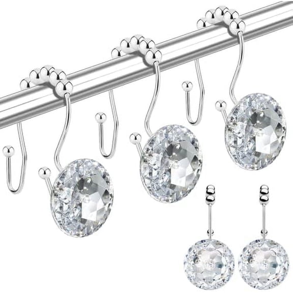 Shower Curtain Hooks Rings for Bathroom, 12PCS Double Hooks Glide Anti Rust Crystal Rhinestones Shower Curtain Rings Hangers for Shower Curtains,
