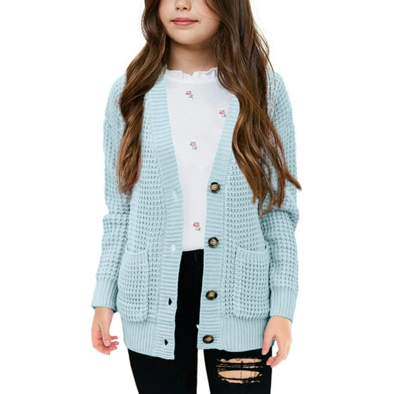 Sherrylily Girls Sweaters Kids Open Front Button Down Knit Cardigans with Pockets