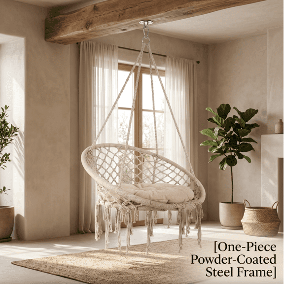 Tanfengu 330 lbs Hammock Chair, Macrame Swing Chair, Hanging Chair with Cushion, for Indoor & Outdoor Use, Beige