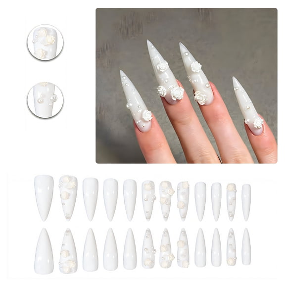 RAGUPEL 24Pcs Glue on Nails for Women,White Stiletto Press on Nails,Dimensional Blossom Press on Nails Long,Best Press on Nails for Daily Life,Dating,Party,Taking Pictures,Style2