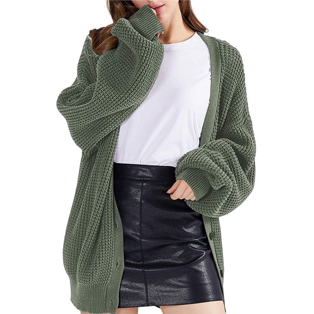 Cárdigan de Punto Grueso para Mujer, Larga, Cuello en V, Botones, con Bolsillo, para Otoño e Invierno Verde XXXL