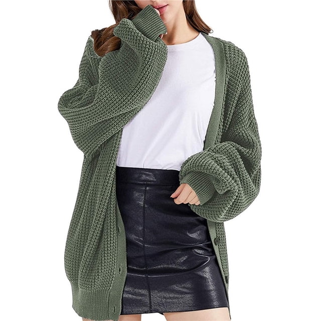 Cárdigan de Punto Grueso para Mujer, Larga, Cuello en V, Botones, con Bolsillo, para Otoño e Invierno Verde L