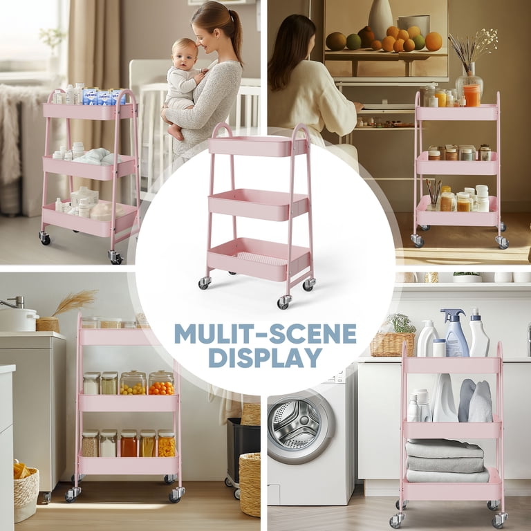 edx 3-Tier Metal Rolling Cart with Mesh Baskets, Pink photo 5