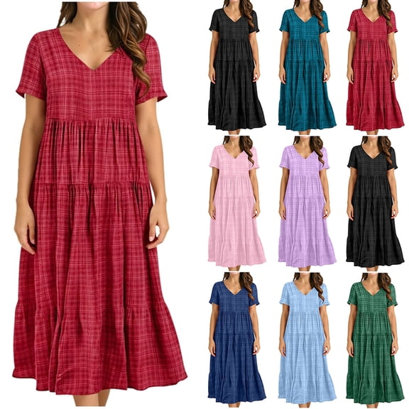 Women's Summer Plaid Maxi Dresses Casual Floral Short Sleeve V Neck Boho Beach Vacation Swing Dress with Pockets Wine XL(XL)
