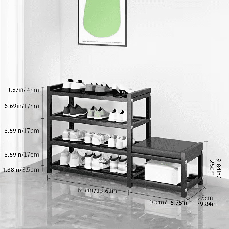 4-Tier Shoe Rack with Cushion,Heavy Duty Carbon Steel Frame, Anti-Slip Feet, Space-Saving Storage Organizer Shelf for Entryway, Living Room, Bedroom,Black