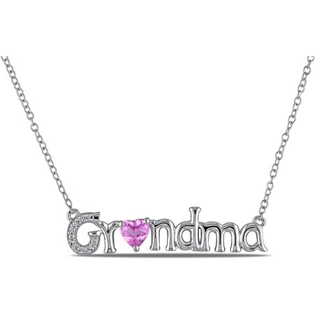 1/2 Carat T.G.W. Created Pink Sapphire and Diamond-Accent Sterling Silver Grandma Heart Necklace, 18