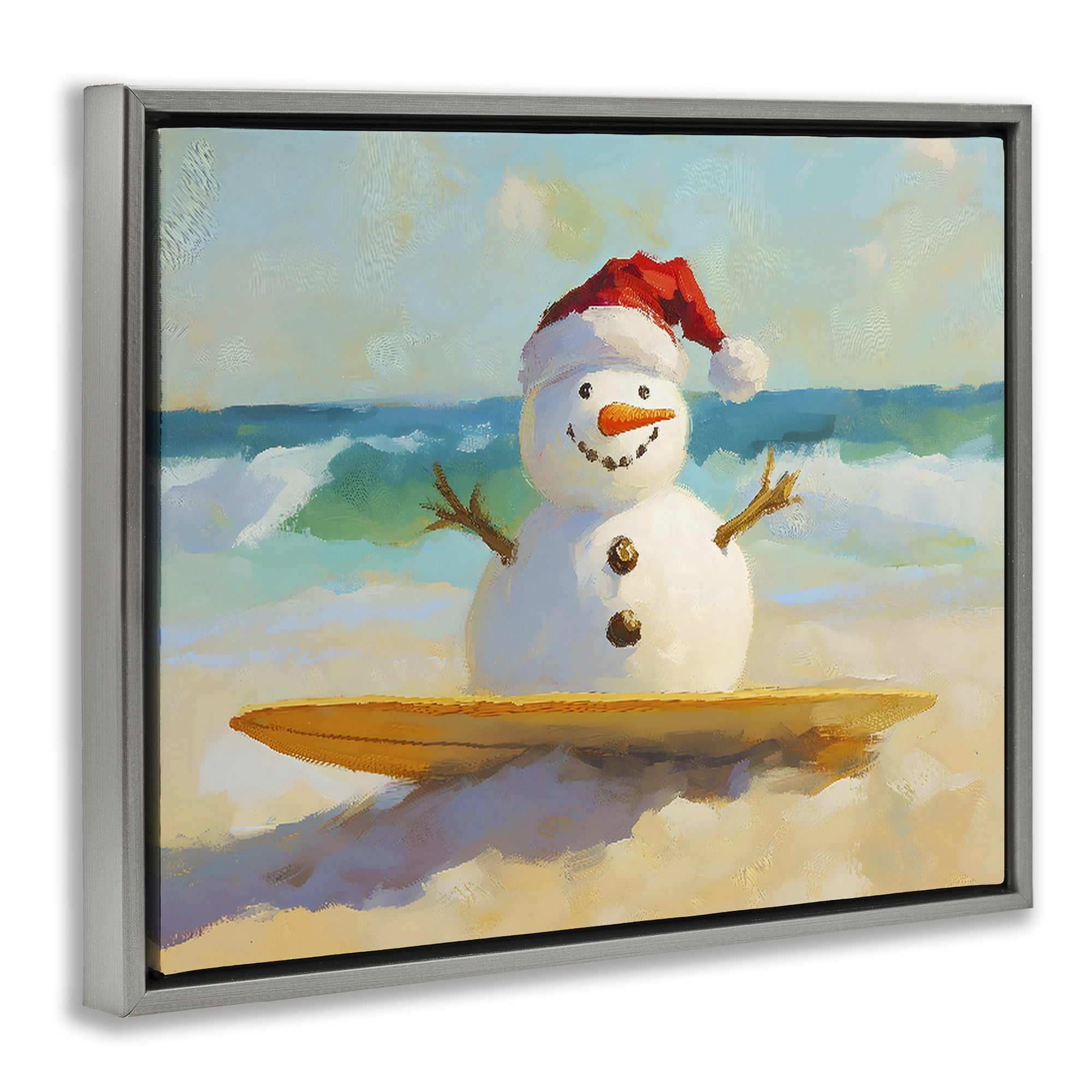 Stupell Industries Surfer Snowman on Beach Gray Framed Floater Canvas Wall Art, design by The Prints Vibe