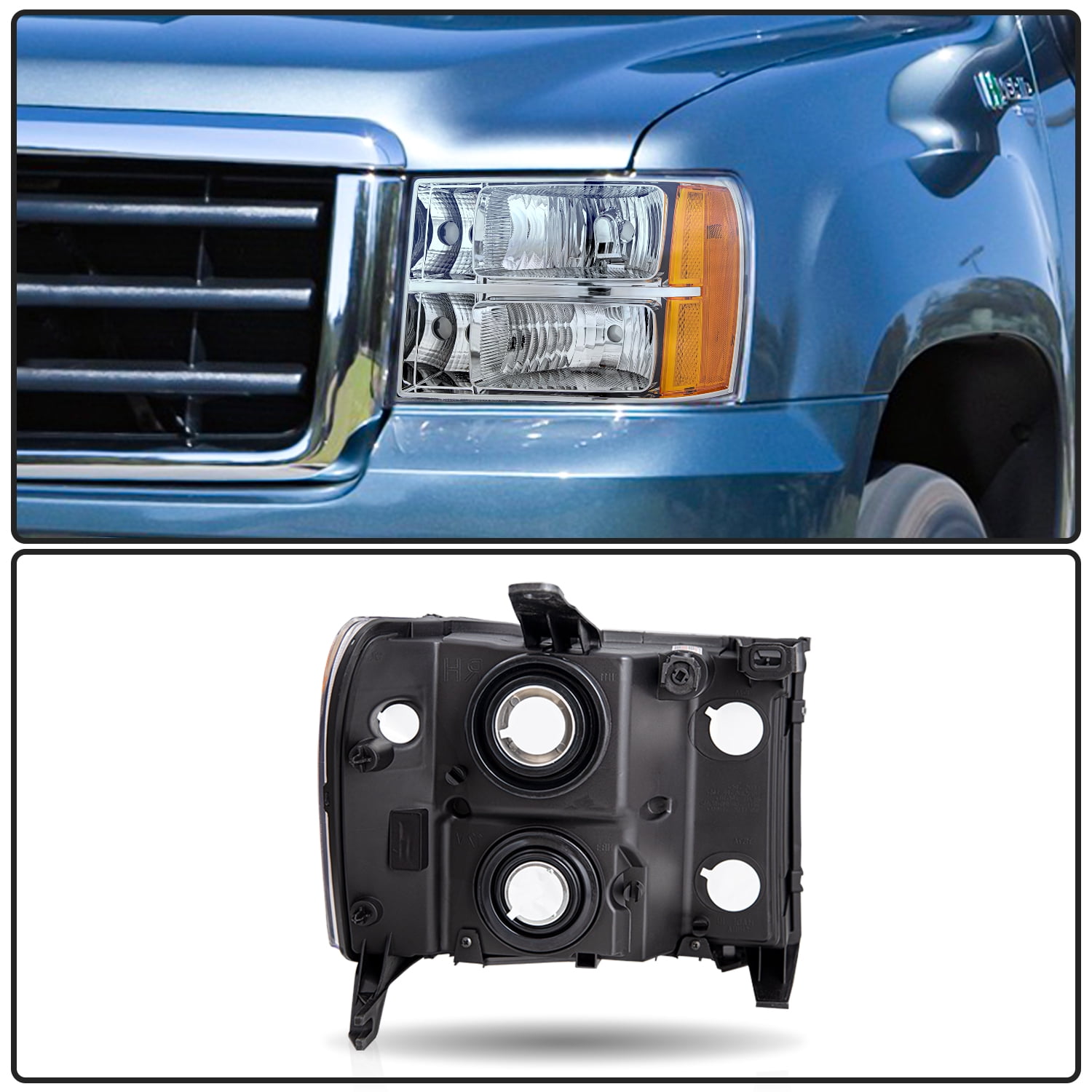 For 2007-2013 GMC Sierra 1500 2500HD 3500HD Halogen Chrome Amber Headlights L+R