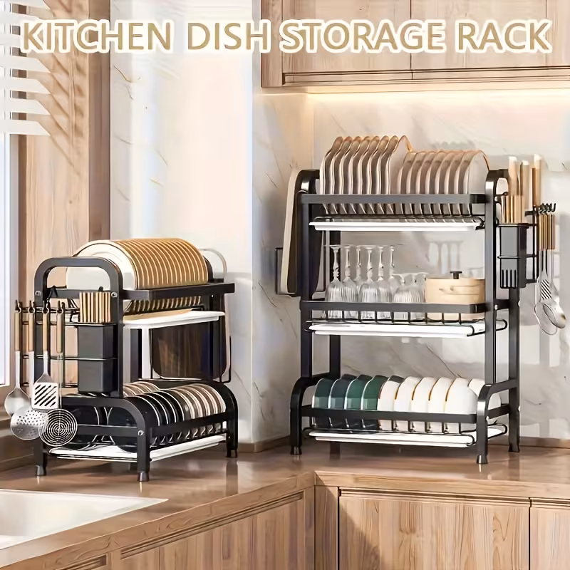 thumbnail image 3 of Two/Three-Tier Carbon Steel Dish Rack with Drainboard, Utensil Holder, and Cup Hooks, 3 of 5