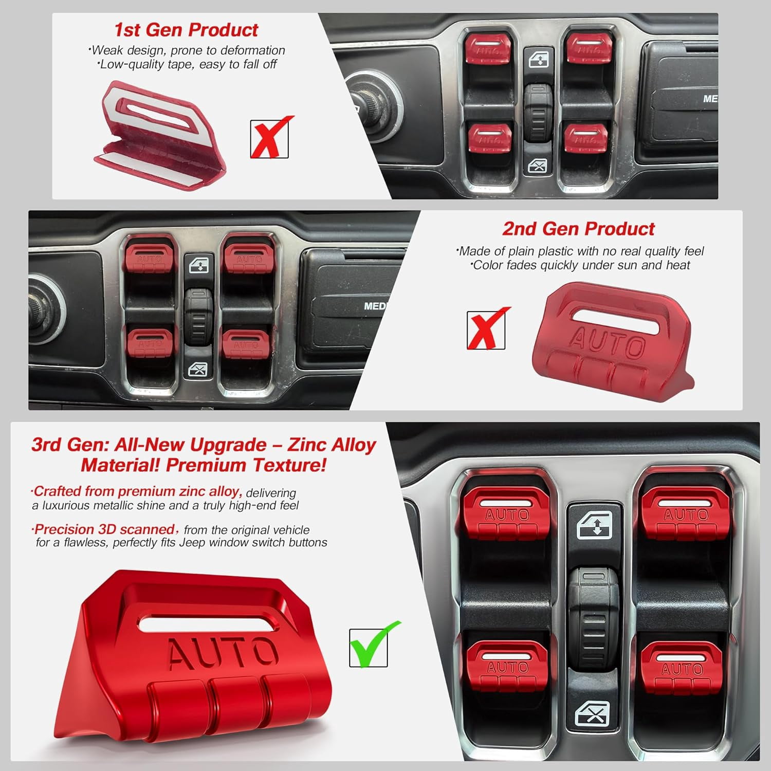 4PCS Premium Aluminum Window Decorative Switch Ring Trims Button Cover Set for Jeep Wrangler JL JLU 2018-2025 2026 & Gladiator JT 2020-2026 Accessories - Metal Finish, Interior Upgrade (Red)