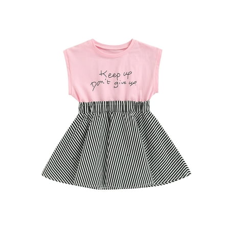 

Suanret Toddlers Kid Girls Summer Casual Dress Striped Letter Print Round Neck Sleeveless One-Piece Skirt Pink 3-4 Years