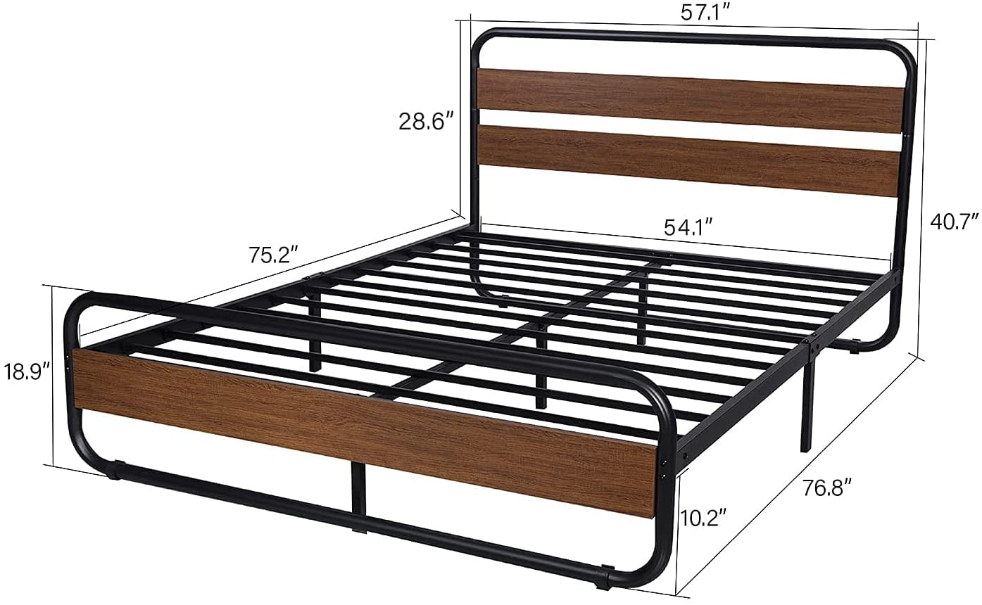 Allewie Walnut Full Size Metal Bed with Wooden Headboard & Footboard, Heavy Duty Platform Frame with Under-Bed Storage