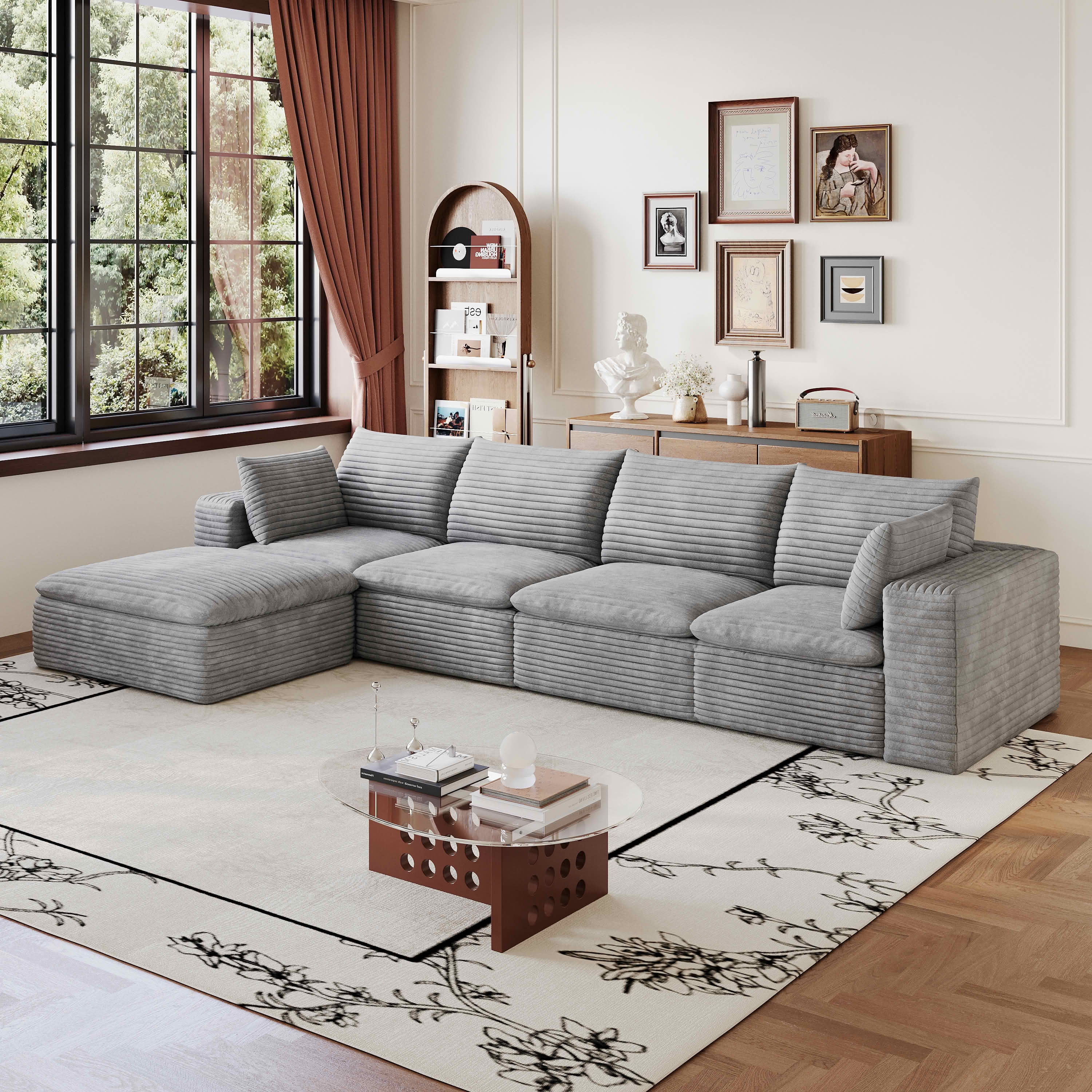 MAYEERTY 134 Inch Corduroy Cloud Floor Sofa, Modular Couch with Detachable Double-Layer Cushion, No Assembly Furniture for Home & Office