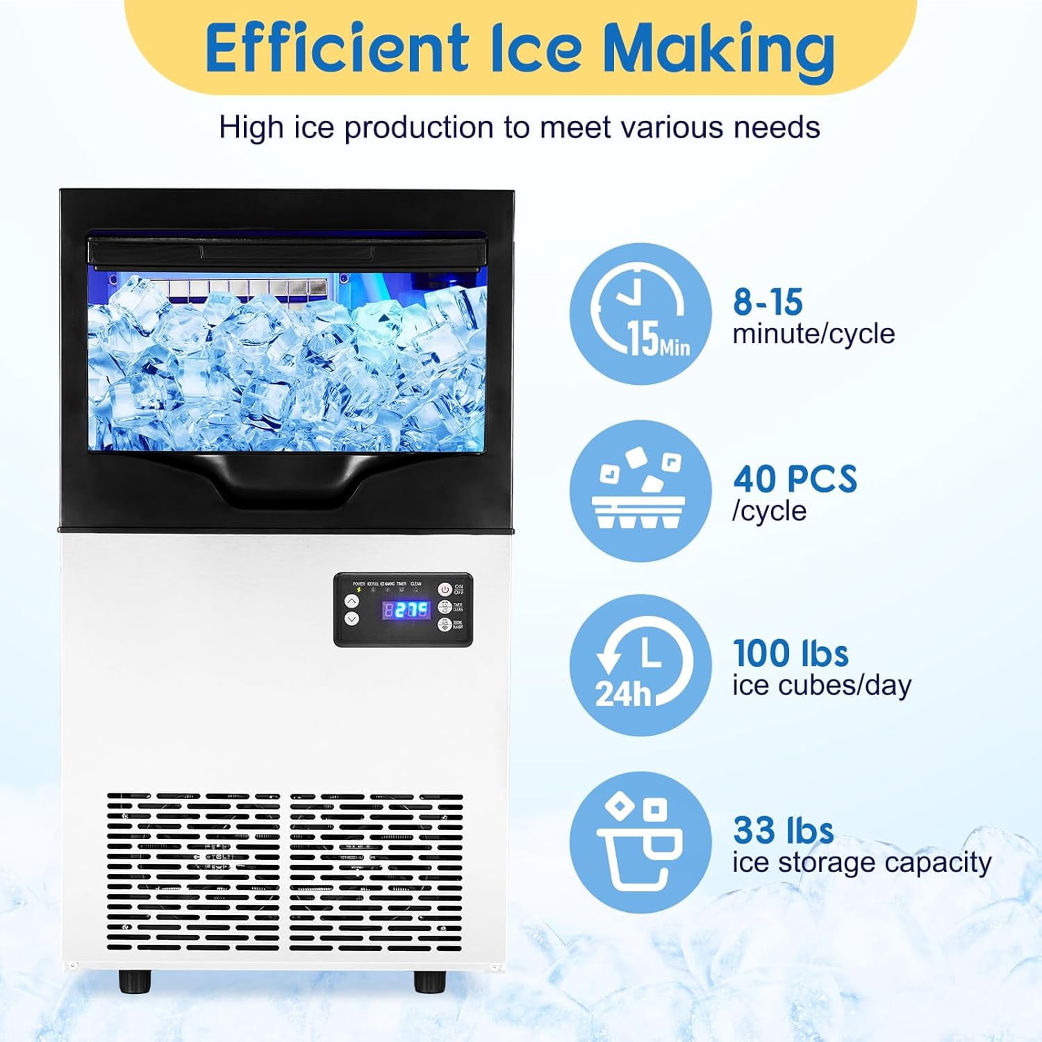 IdealHouse Commercial Ice Maker-100lbs/24h Under Counter Ice Maker with 35lbs Storage Bin,PP Liner Prevents Ice from Melting for Up to 6-8 Hours,Auto Self-Cleaning,Built-in Filtration System