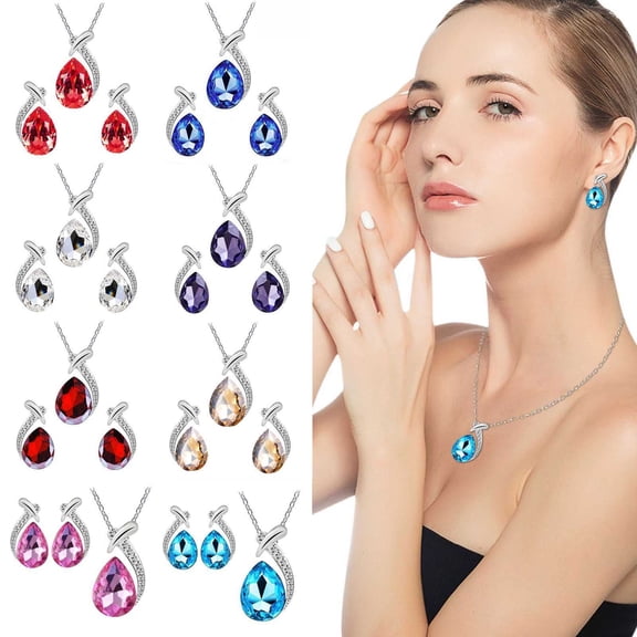 Apeya Women Blue Teardrop Pendant Necklace and Earrings Jewelry Set, Crystal Rhinestone Jewelry for Parties Weddings and Daily Wear