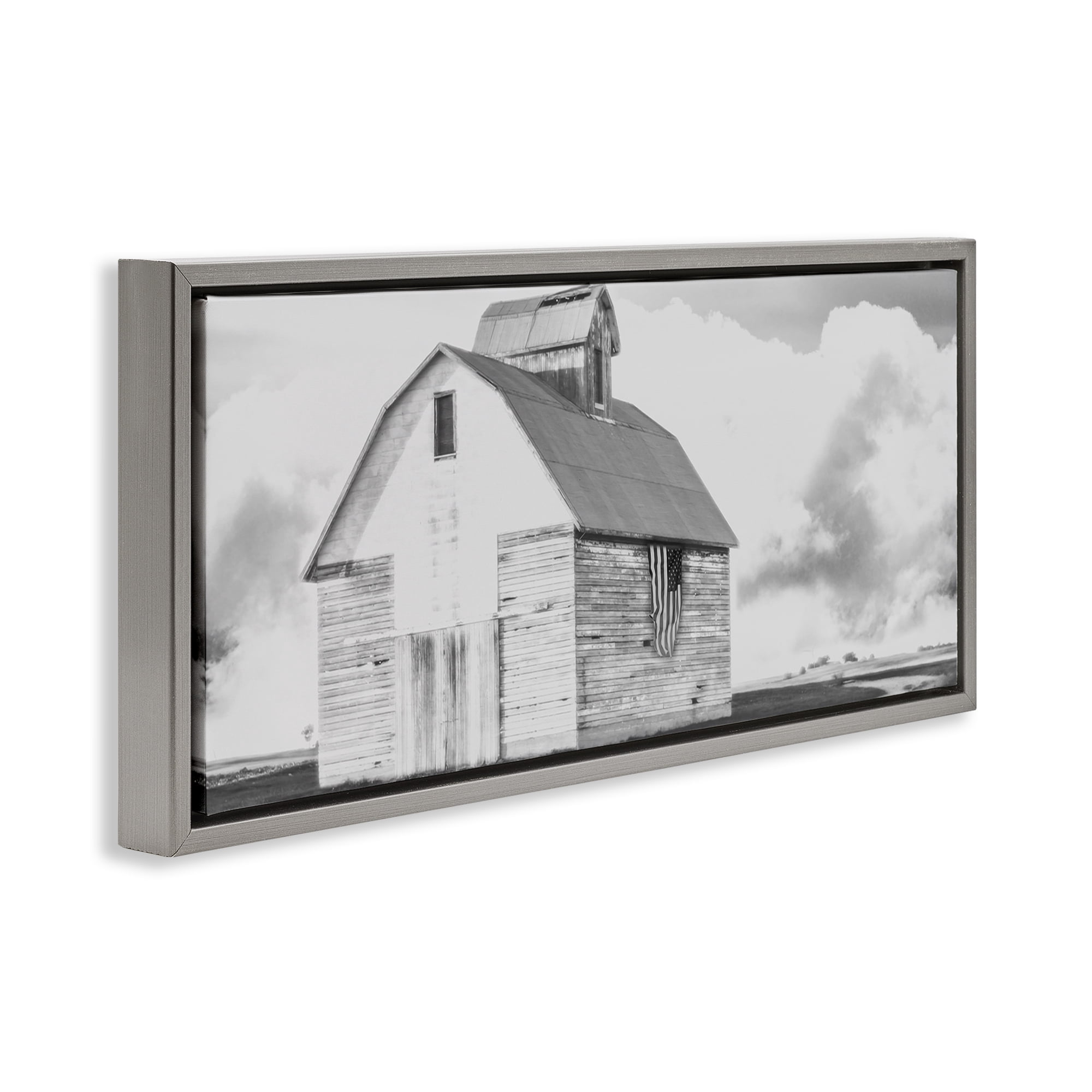 Stupell Industries USA Flag on Barn Patriotic Painting Gray Floater Framed Canvas Art Print Wall Art, 31 x 14
