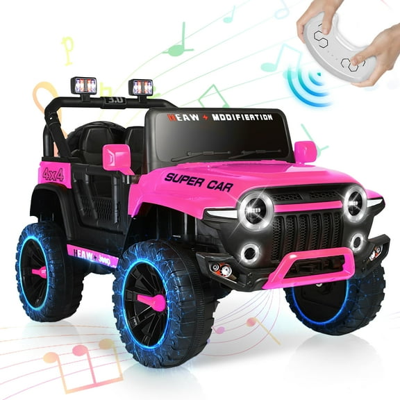 24V Kids Ride on Car, 2 Seater Ride on Toy Pink Jeep for Big Kids with Remote Control, Kids Electric Vehicles Cars, 3 Speeds, LED Lights, Bluetooth Music, Pink