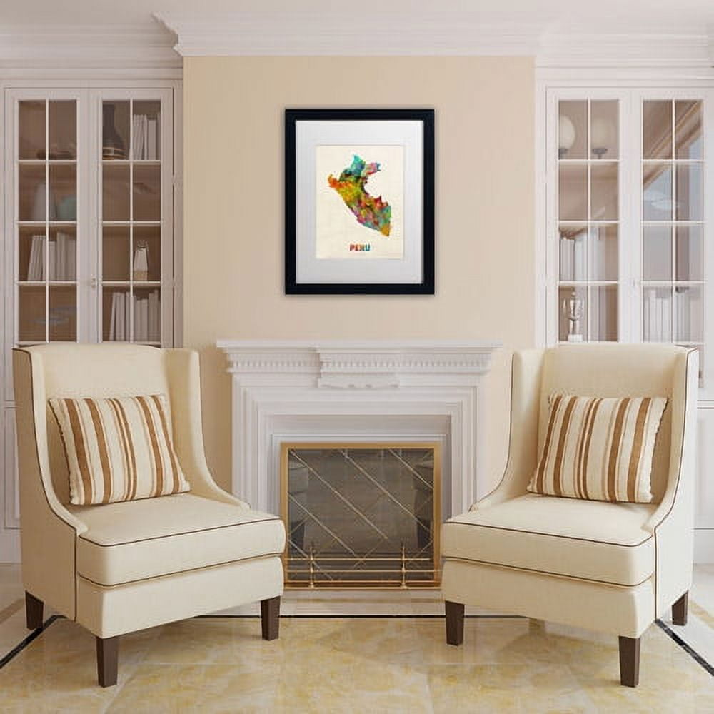 Trademark Fine Art "Peru Watercolor Map" Canvas Art by Michael Tompsett, White Matte, Black Frame