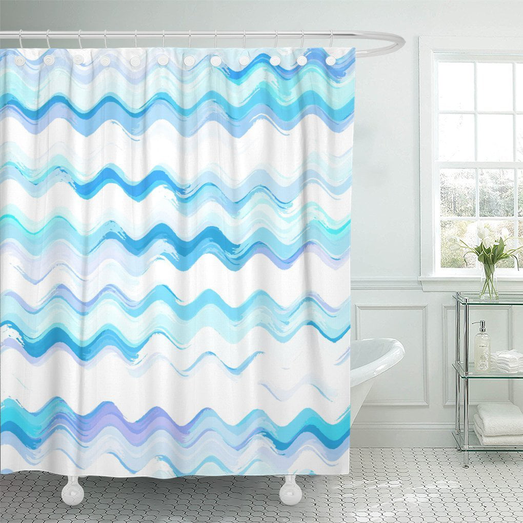 Watercolor Blue Brush Stripes Plaid Checkered Shower Curtain Set Bathroom Decor 
