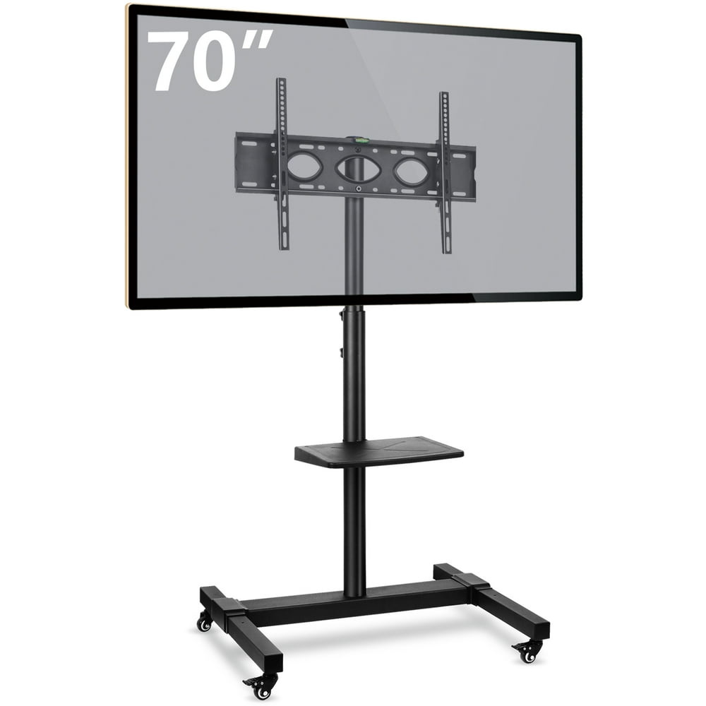Rolling TV Stand on Wheels for TVs up to 70" Black Finish Metal Shelf