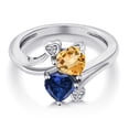 thumbnail image 3 of Gem Stone King 925 Sterling Silver Yellow Citrine Blue Created Sapphire and White Lab Grown Diamond Ring for Women (1.48 Cttw, Heart Shape 6MM, Gemstone November Birthstone, Size 8), 3 of 6