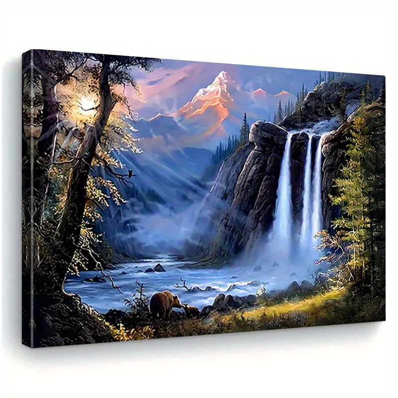 1pc Framed Waterfall Landscape Canvas Art Print - Elegant Classic Art Deco Style, Vibrant Ink on Canvas, Horizontal Wall Decor for Living Room, Bedroom, Office - Spring & Autumn Nature Scene,