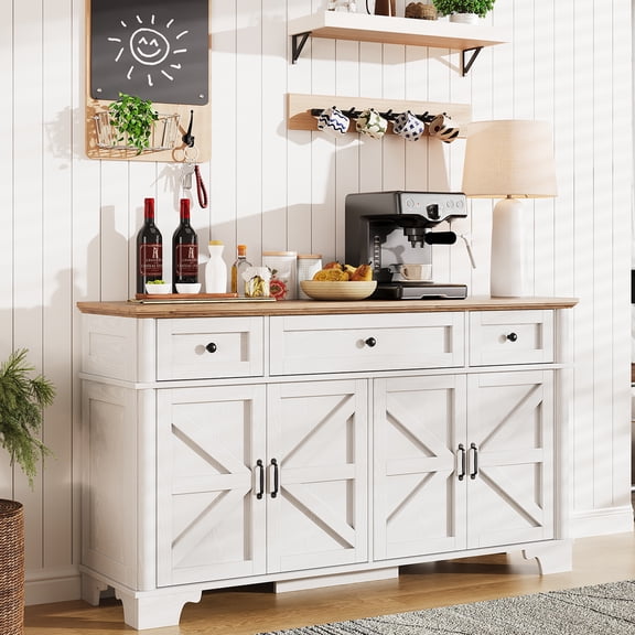 Farmhouse Buffet Cabinet with Storage, 55 Inch White Sideboard Buffet Cabinet with Adjustable Shelves & 3 Drawers, Buffet Table Coffee Bar Wine Bar Storage for Kitchen & Living Room