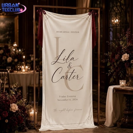 Personalized Rehearsal Dinner Welcome Banner Custom Wedding Satin Sign with Monogram Name and Date