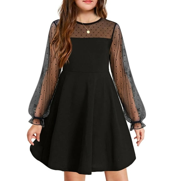 Arshiner Girl's Contrast Mesh Puff Long Sleeve High Waist A Line Black Short Dress with Pockets