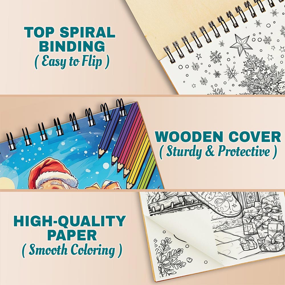 Netecom Christmas Charm Coloring Book Spiral Bound for Adults, A5 Wooden Cover, 30 Delightful Coloring Pages of Festive Holiday Scenes for Stress Relief and Relaxation