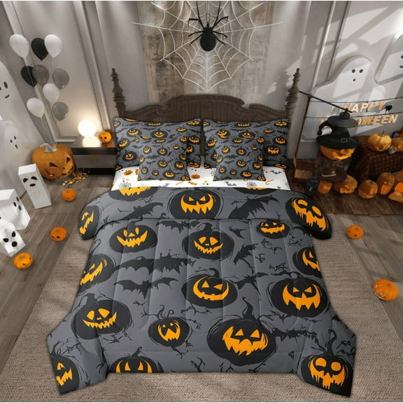 Manfei Spooky Pumpkin Bed in a Bag Twin size, Horror Halloween Bedding Sets Twin Size, Gothic Bat Print Reversible Bedding Twin Size, Super Cozy Bedroom Decorative, 7pcs