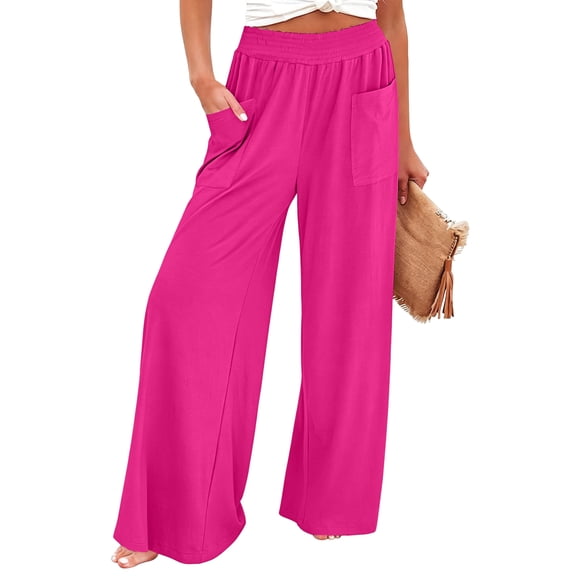 Yifymode Wide Leg Pants for Women High Wasited Baggy Palazzo Pants Casual Pull On Bell Bottom Smocked Elastic Waist Pants,Hot Pink S