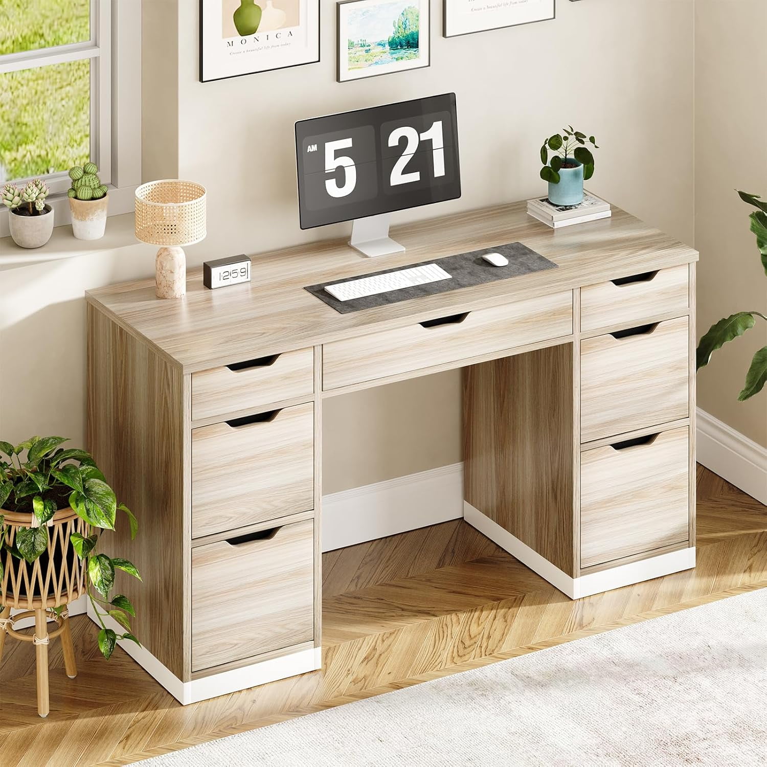 DreamCurship 54" Executive Desk with Storage, Computer Desk with 7 Drawers, Wood Home Office Desk with File Drawers, White and Gray