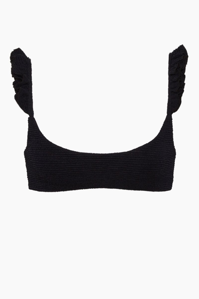 black ruffle swim top