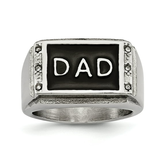 Stainless Steel Polished Black Enameled CZ Dad Ring 10 Size