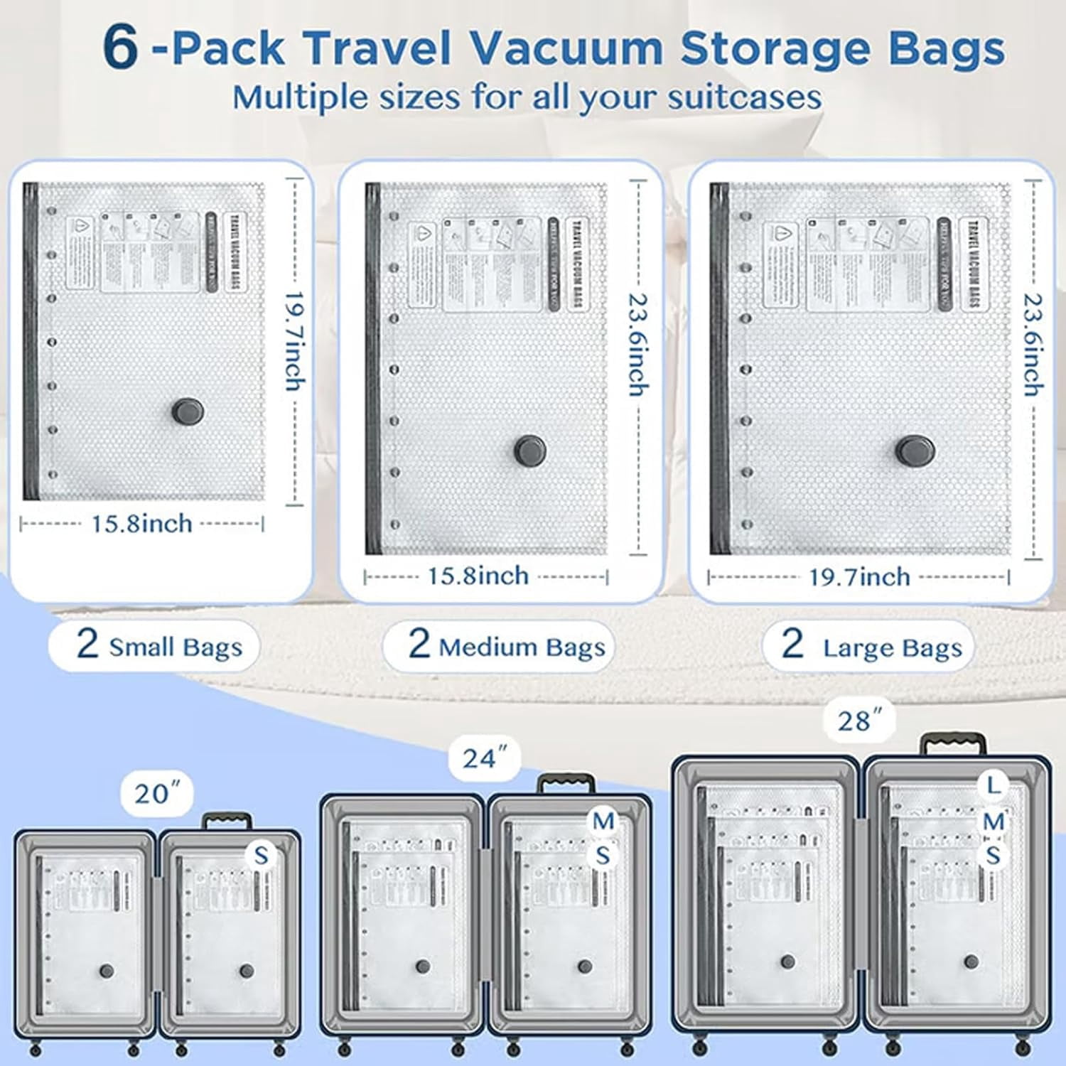 Cordless Travel Vacuum Storage Compression Bag Set, Vacuum Travel Bags with Pump, Free Up 80% More Space, Reusable Space, for Clothing and Bedding