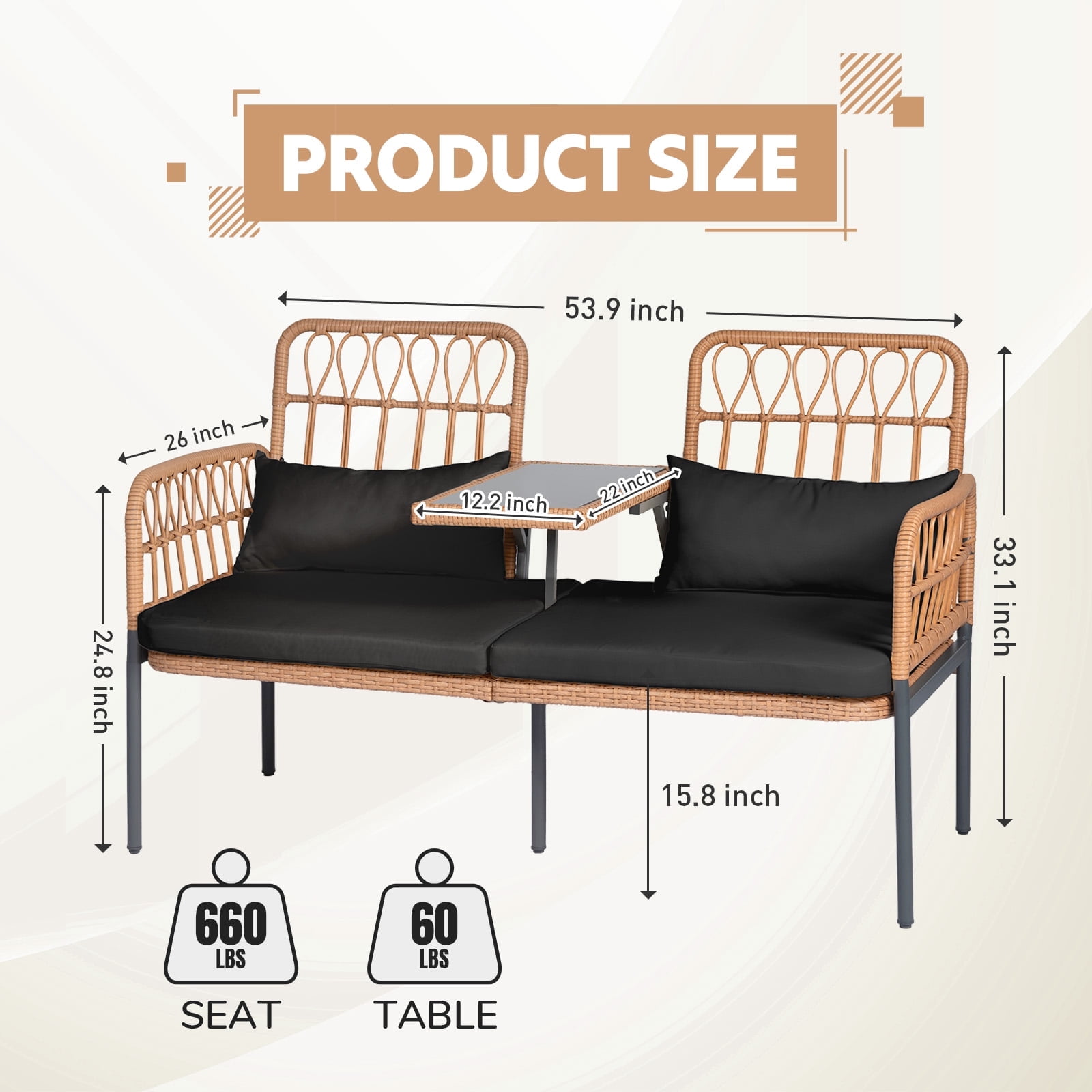 Tappio Outdoor Rattan Loveseat, Patio Rattan Conversation Set Seat Sofa Cushioned Loveseat Table Chairs with Built-in Coffee Table, Black