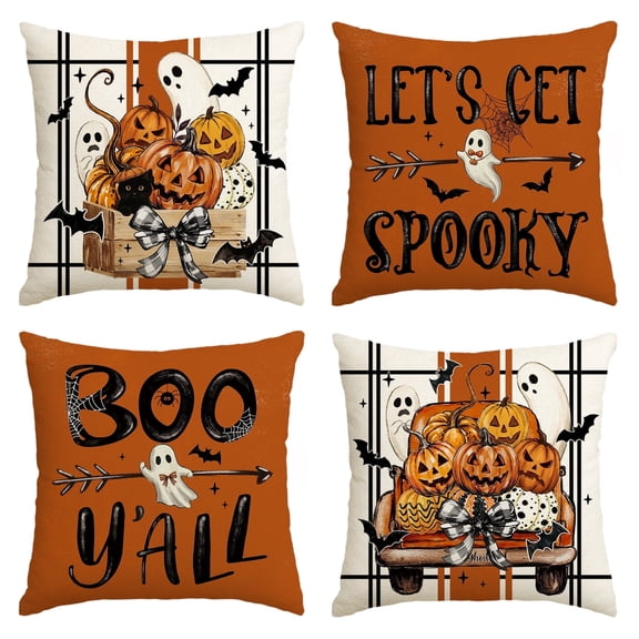 Sm:)e Boo Spooky Ghost Pumpkin Car Halloween Pillow Covers 18x18 Inch Set of 2, Cushion Covers for Sofa Home Decor