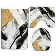 PUDMAD Abstract Piece in Black White and Gold 3 Piece Bathroom Rugs Set Bath Rug Contour Mat and Toilet Lid Cover
