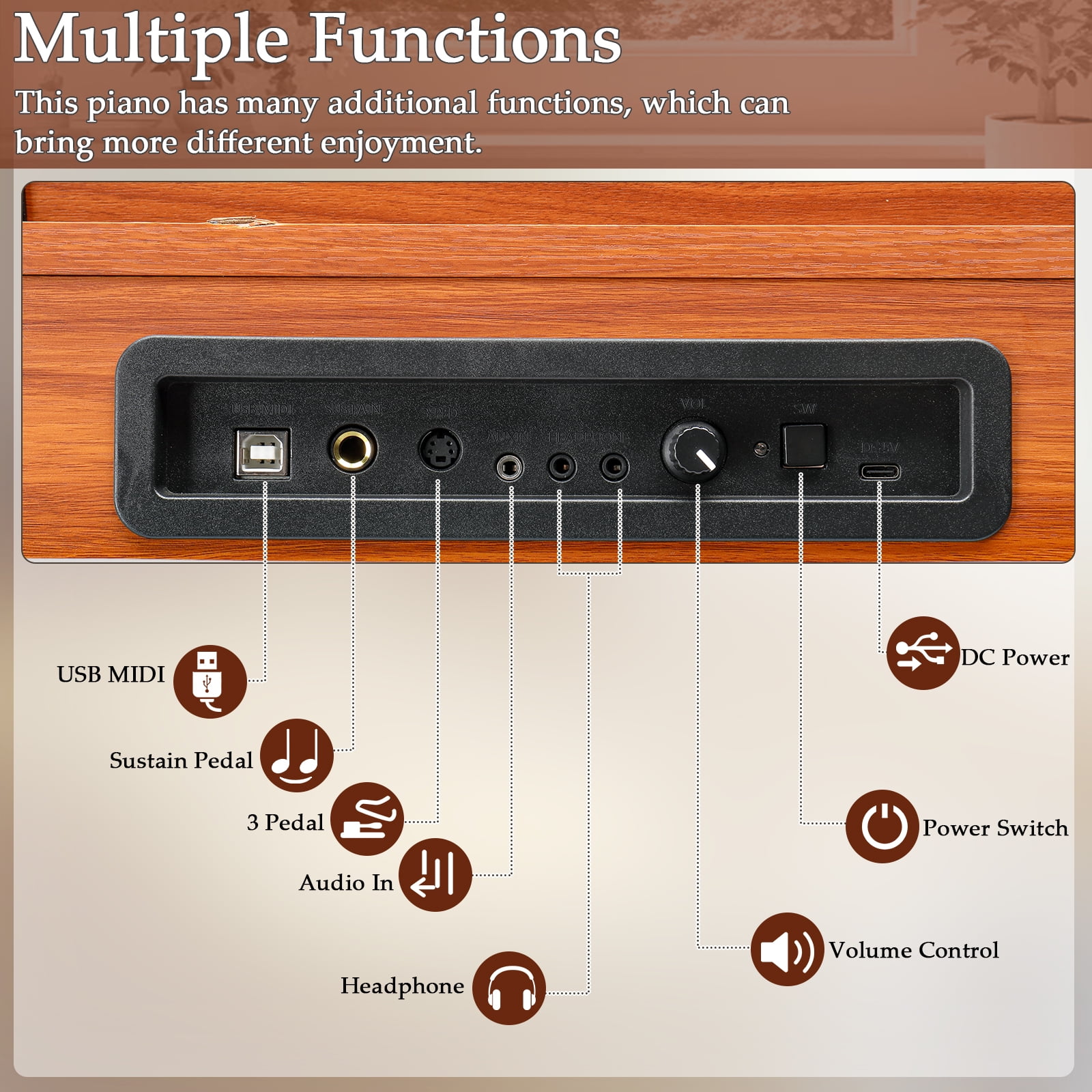 Ktaxon 88 Key Digital Piano Semi Weighted Keyboard for Beginners with Triple Pedal, Headphone, Brown
