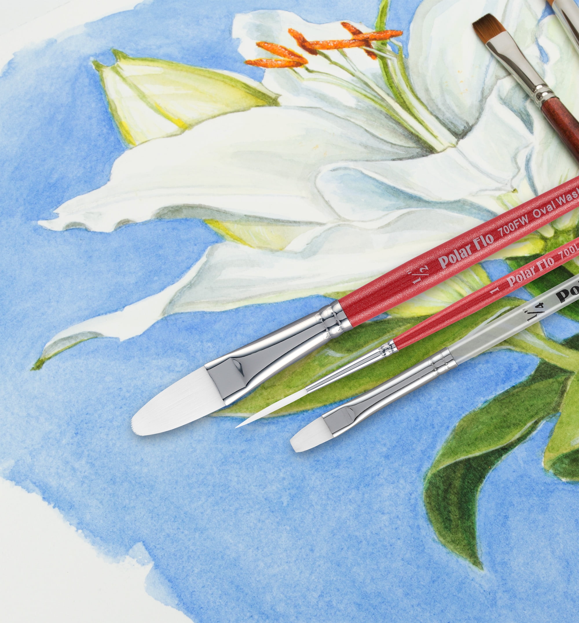 Creative Mark Polar Flo Professional Watercolor Brushes - Assorted Flat Set of 4 - Short Handle, Nickel-Plated Seamless Ferrule - Art Paint Brushes for Acrylic Painting, Watercolor, Gouache, and More