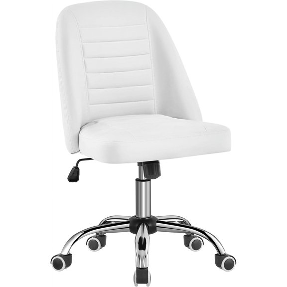 CHAUKY Mid Back PU Leather Armless Desk Office Chair, Modern Vanity Chair with Rolling Wheels, Metal Base White