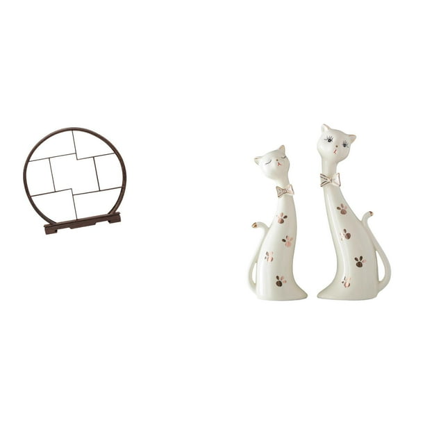Expositor de artesanías,Expositor de madera para objetos de colección artísticos,Estante de exhibición antiguo de madera con decoración redonda,Figura de gato,Esculturas de pareja de gatos
